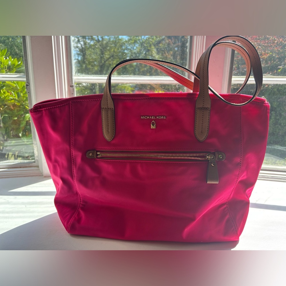 Michael Kors Pink Structured Tote with Tan Handles